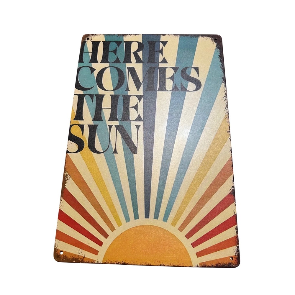 Here Comes The Sun Metal Tin Sign Vintage Retro Sunburst Wall Decor 8x12